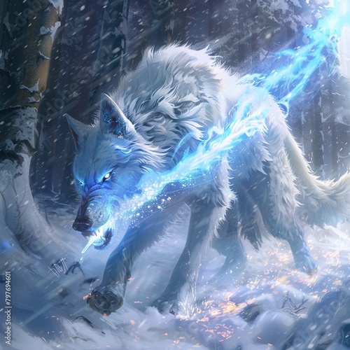 A white wolf fenrir with blue eyes and a blue lightning bolt coming out of its mouth.