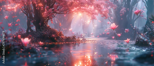 A magical forest with a pink river and cherry blossom trees