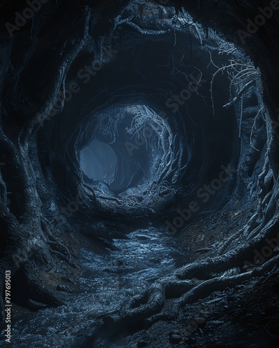 A dark, mazelike underworld filled with eerie creatures and twisting tunnels photo