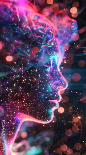 A woman's face made of colorful lights and particles. higher self
