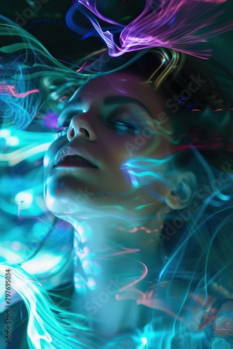 A woman's face is surrounded by colorful light trails. higher self