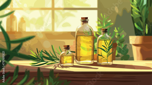 Bottles of rosemary essential oil on table Vectot style
