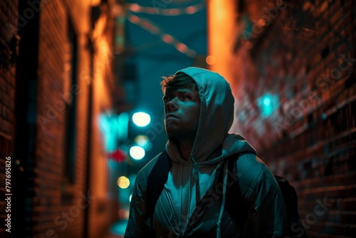 Man standing in a dark alley with a backpack