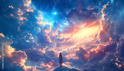 The girl looks up into the luminous sky, anime sky photo