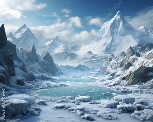 Travel to a 3D rendered icy mountain landscape, infused with elements of fantasy, high resolution, perfect for adventurous spirits ,3DCG,high resulution,clean sharp focu