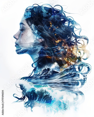 Double exposure illustration of a woman with water waves splashes background