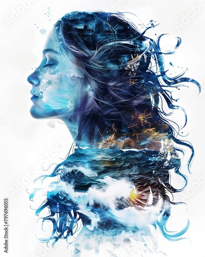 Double exposure illustration of a woman with water waves splashes background