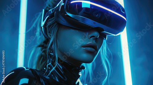 Virtual reality images, A girl is wearing futuristic virtual reality lenses in her eyes
