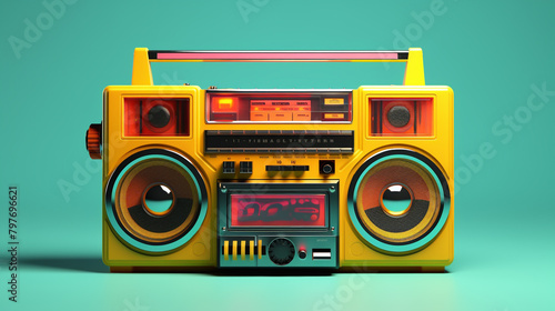 retro radio cassette player in yellow color isolated on lite blue background photo
