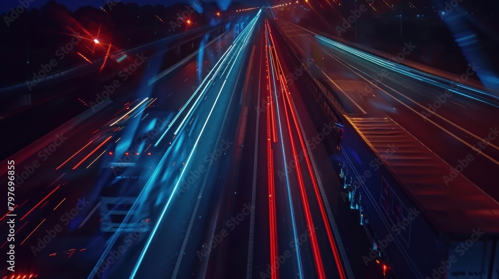Fototapeta premium Fascinating hyperlapse of trucks on highway at night, illustrating importance of logistics and transportation.