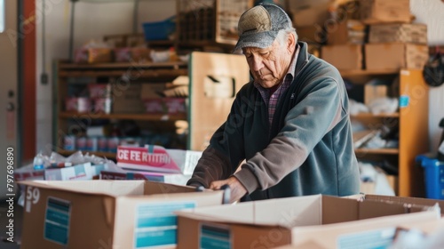 Community Center Support. A man volunteering at a local community center, arranging donated supplies with kindness and solidarity. © Postproduction