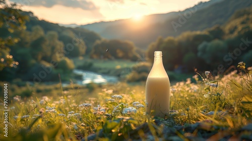 A bottle of milk is placed on the meadow green grass, photo