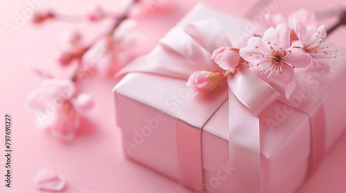 Sakura Gift Box with Pale Pink Satin Ribbon and Delicate Flowers