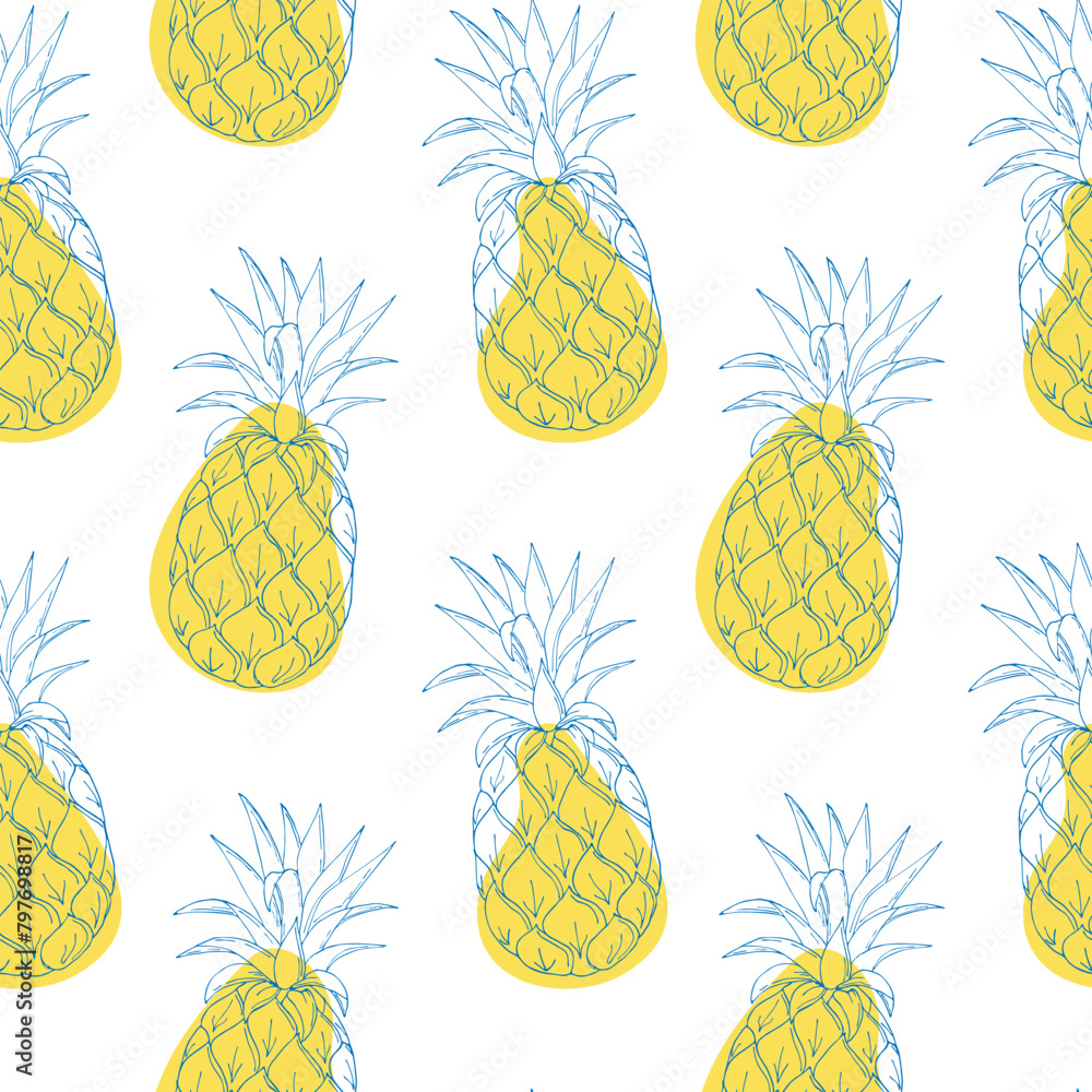 Summer pattern with pineapples blue contour hand drawing on background of yellow spots. Summer pattern with pineapples blue contour hand drawing on background of yellow spots.
