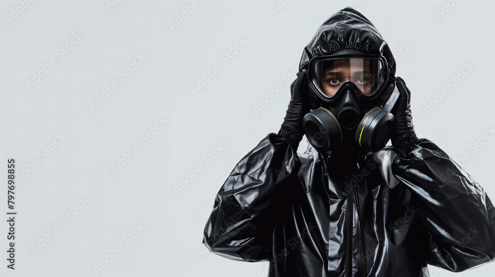 person in black protective suit is putting on an air mask against isolated background. Biohazard decontamination preparation