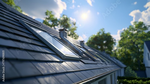 Skylight on Weathered Shingle Roof with Vent Pipes in Daylight © Godam