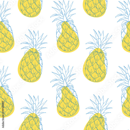 Summer pattern with pineapples blue contour hand drawing on background of yellow spots. 