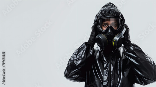 person in black protective suit is putting on an air mask against isolated background. Biohazard decontamination preparation photo