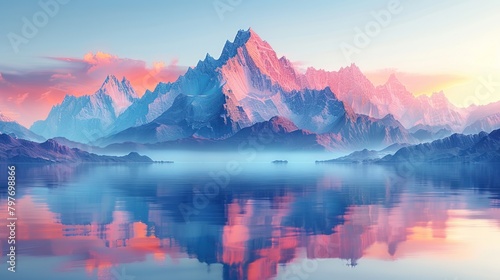 3d render, fantasy landscape panorama with mountains reflecting in the water © tydeline