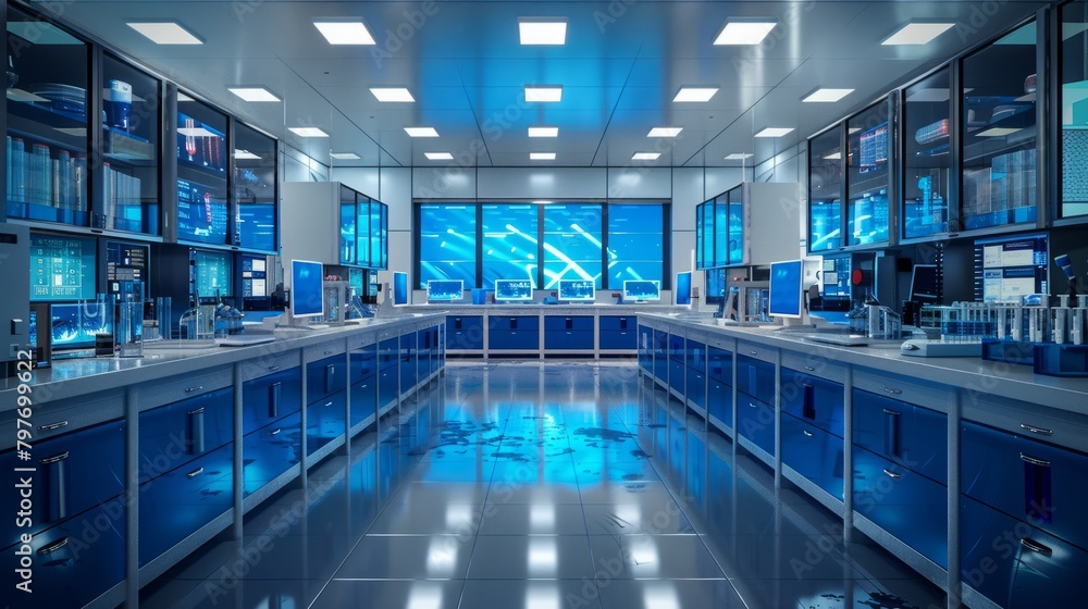 Innovative Laboratory Design. A Closer Look at the Spacious Modern Workspace with Monitors and Blue Drawers