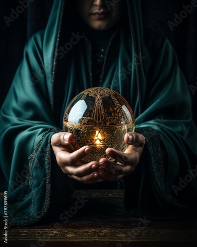 A mysterious crystal ball on a dark velvet cloth, hands hovering above, foretelling the future, ambient dark setting with soft lighting photo