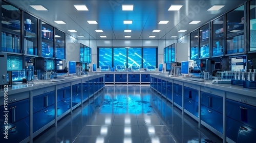 Innovative Laboratory Design. A Closer Look at the Spacious Modern Workspace with Monitors and Blue Drawers