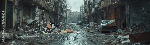 Dirty street with garbage and trash everywhere. Banner