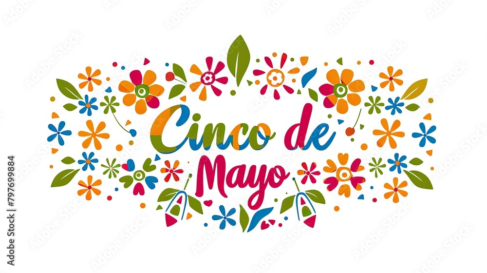 Cinco De Mayo Colorful Floral Typography Design - 'Cinco de Mayo' Text Isolated on White Background, Simple Style, Bold Lines