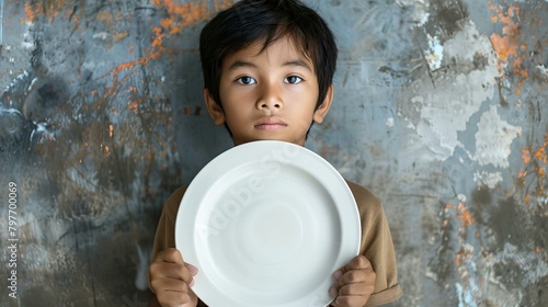 sad, hungry, starving boy with empty plate, concept of poverty and starvation photo