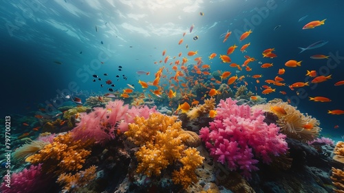 A diverse coral reef teeming with colorful fish and vibrant coral formations