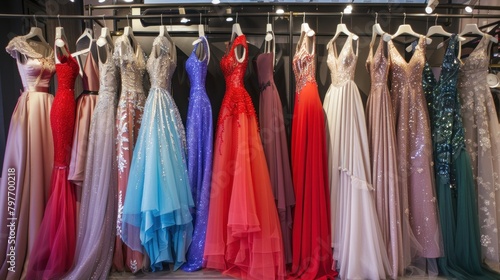 Collection of elegant and colorful formal dresses on display in a high-end boutique
