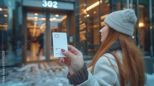a female hand holding a white sim card in front of a digital door lock photo
