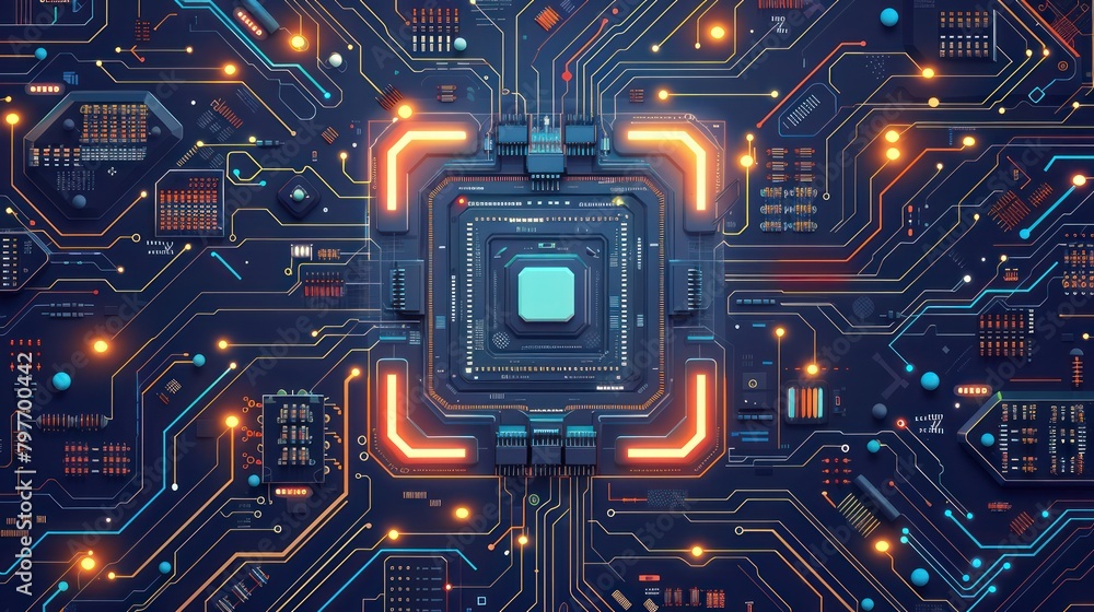 AI computer semiconductor circuit board processor technology background 3D design illustration.