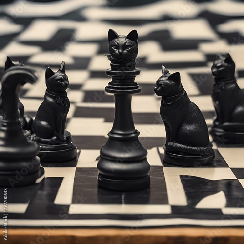 AI generated illustration of Mmultiple black cats engaged in a game of chess on a checkered board photo