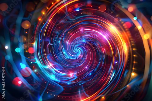 Hypnotic neon swirls combined with glowing dots. An intriguing piece on black background.