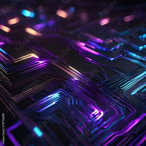 AI generated illustration of abstract purple and blue electronic patterns on black background