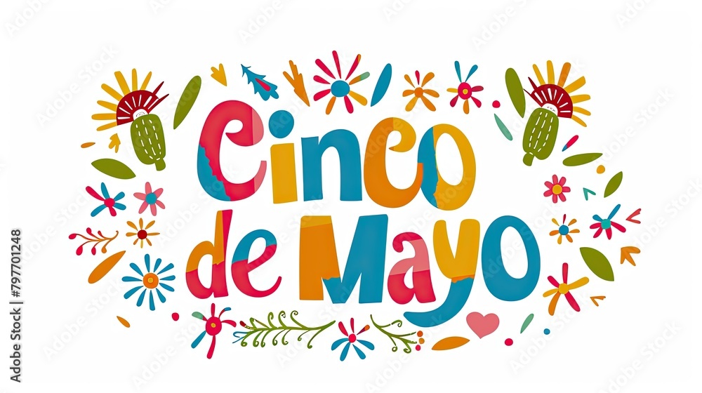 Cinco De Mayo - Flat Vector Design with Colorful Lettering on White Background, Simple, Minimalistic, Cute, Floral Elements