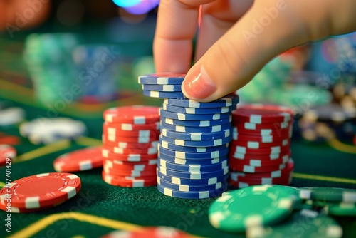 AI generated illustration of colorful gambling chips on a table being picked up by a hand