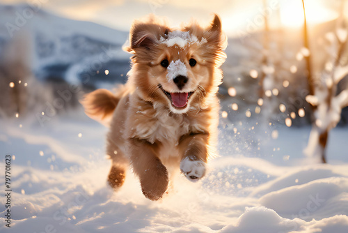 눈 위를 뛰어노는 강아지 photo