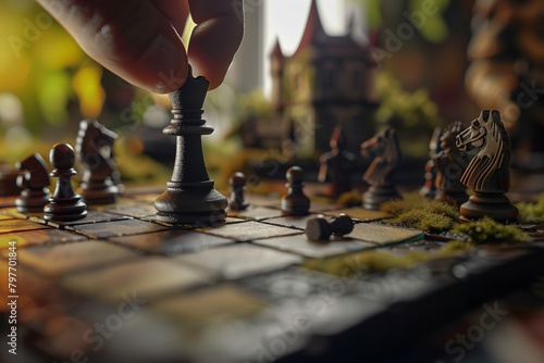 Hand placing a chess figure in a tabletop gaming diorama