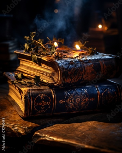 Ancient spell books open on an old wooden table, candlelight casting soft shadows, perfect for themes of wizardry and old world magic