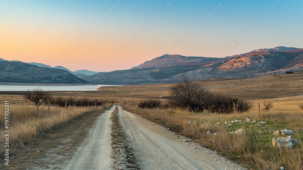 dirt road leading into a field near mountains and body of water