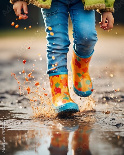 Childs colorful rubber boots splashing in a puddle, vibrant and playful, concept of rainy day fun and outdoor play