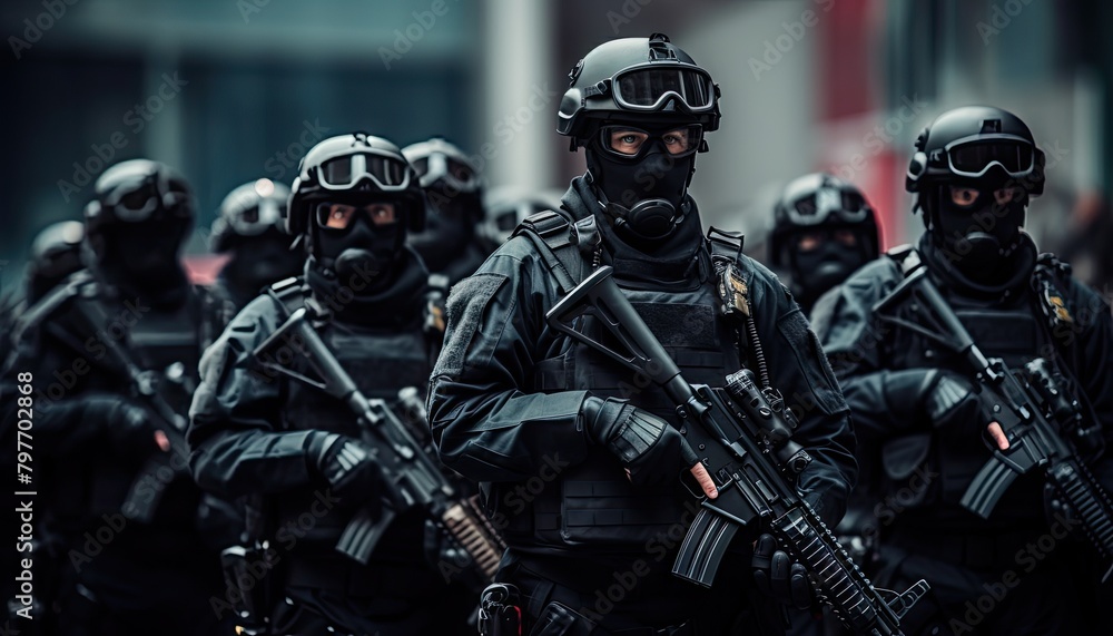 A group of men in riot gear holding guns, ready for action.