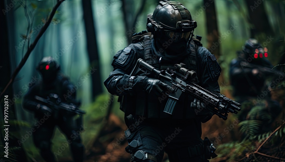 A group of men in military gear trek through a dense forest, showcasing their tactical training and readiness. A group of men in military gear trek through a dense forest, showcasing their tactical training and readiness.