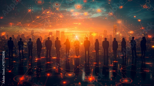 A group of interconnected silhouettes of business professionals against a backdrop of glowing digital circuits, symbolizing the network of connections in both social and professional realms