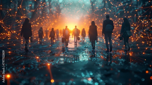 A group of interconnected silhouettes of business professionals against a backdrop of glowing digital circuits, symbolizing the network of connections in both social and professional realms photo