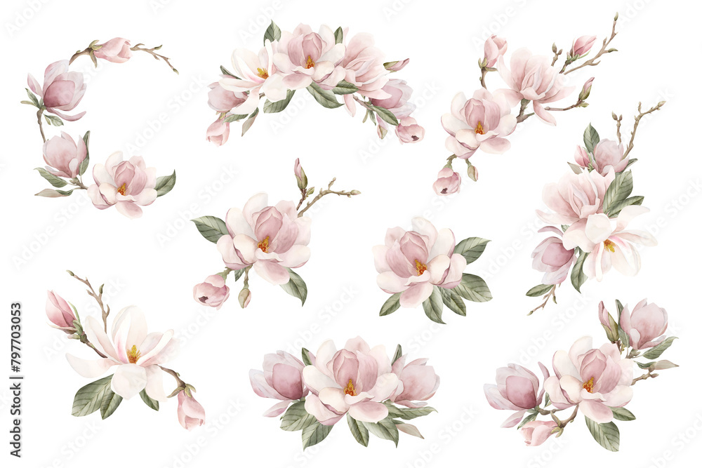 Set of compositions with light pink magnolia flowers, buds, sprigs and leaves. Spring floral watercolor illustration Set of compositions with light pink magnolia flowers, buds, sprigs and leaves. Spring floral watercolor illustration