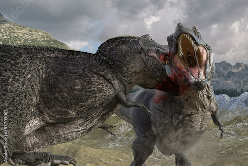 1匹のティラノサウルスが敵の喉に噛み付く