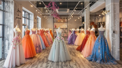 Elegant Formal Gowns Showcased in a Modern Boutique
